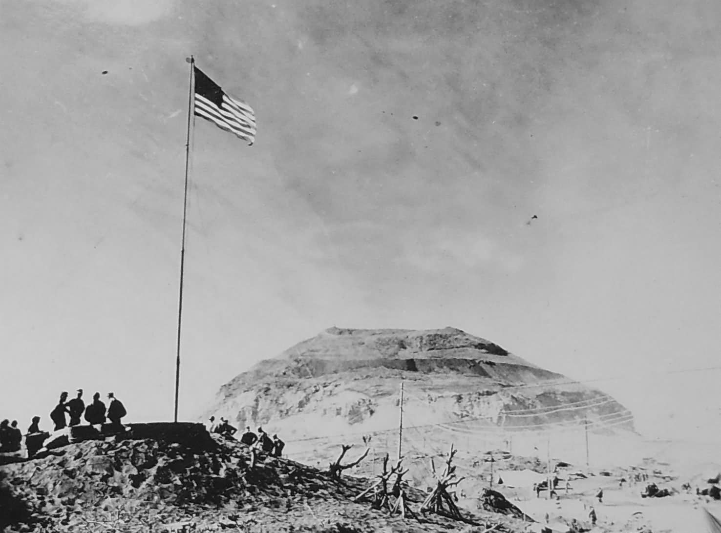 Photo of Mount Suribachi and Marine HQ Iwo Jima