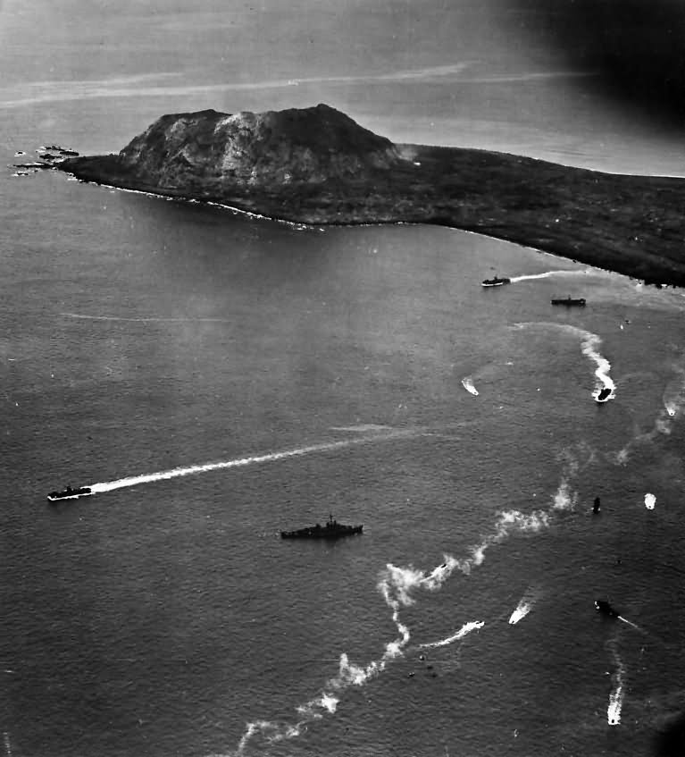 US Navy Destroyer LCMs and LCIs off shore of Iwo Jima