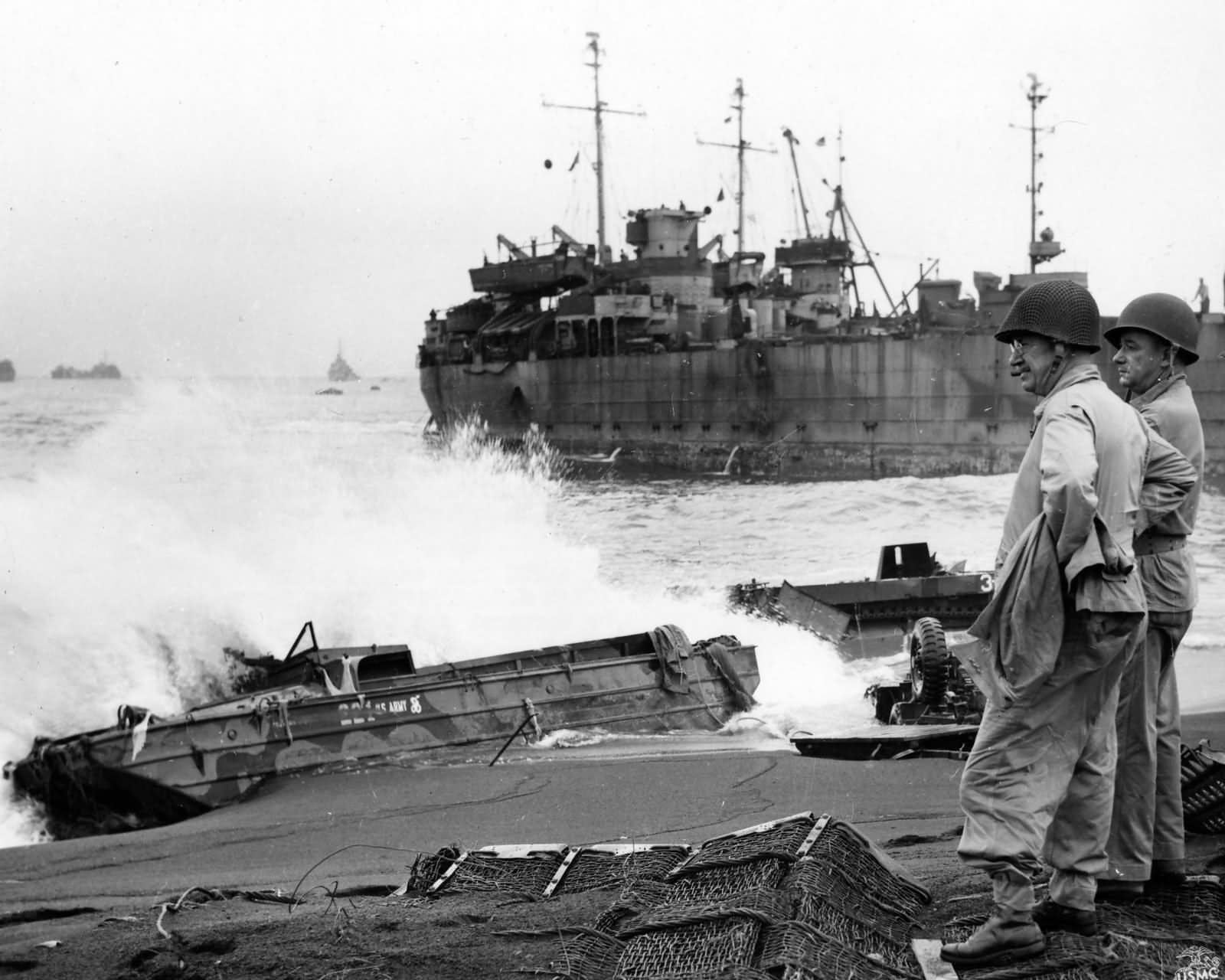 Wrecked LVT and DUKW and LST on Iwo Jima February 1945
