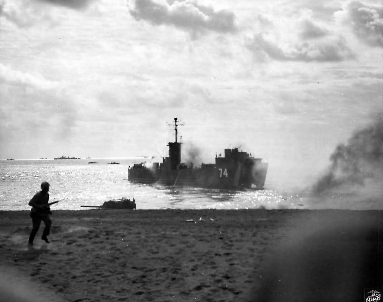 smoke rises from USS LSM-74 after direct hit off Iwo Jima Feb 19 1945