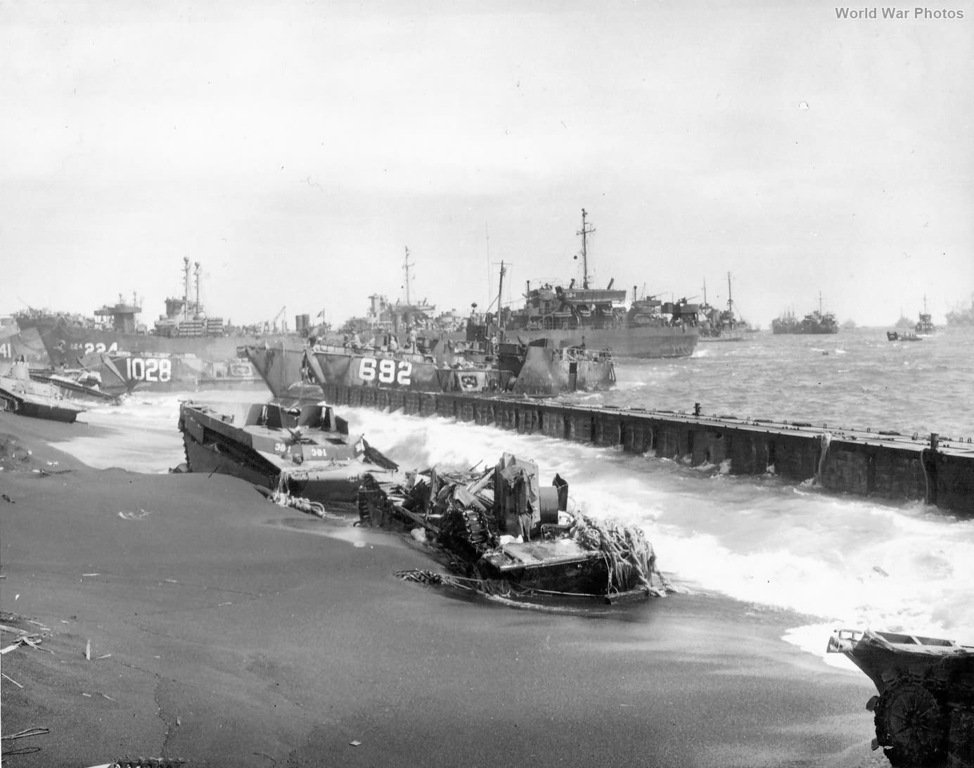 Equipment and ships on Red Beach 1 Iwo Jima