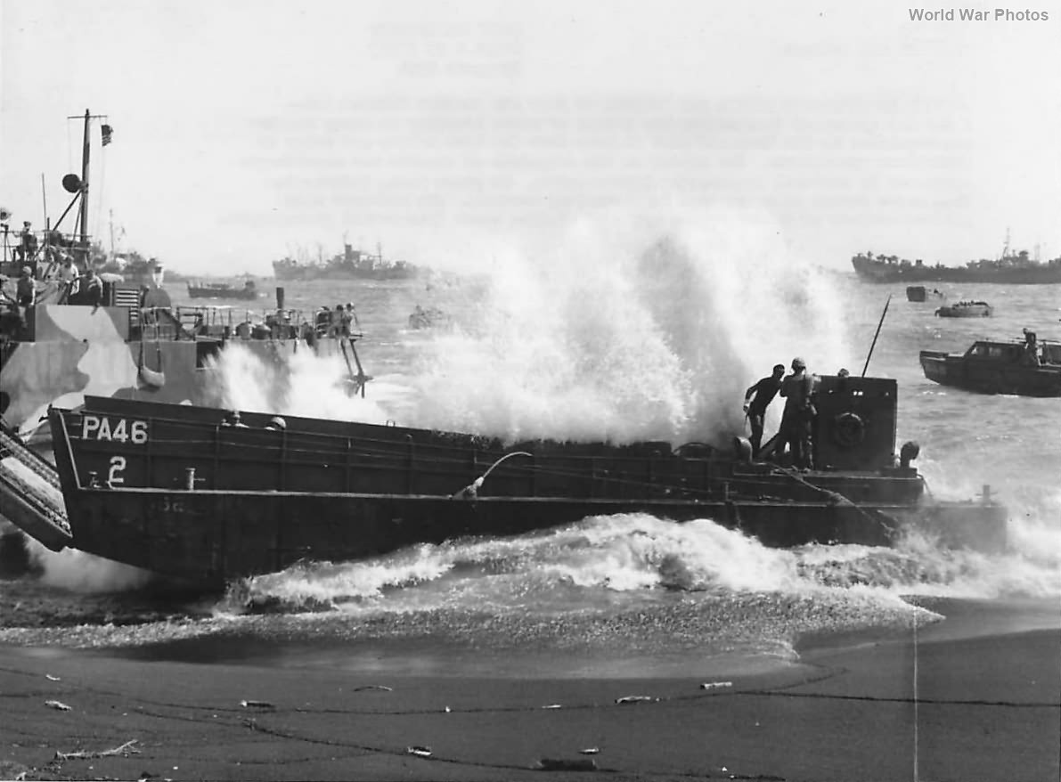 LCM PA-46 from USS Knot battered by surf on Beach of Iwo Jima