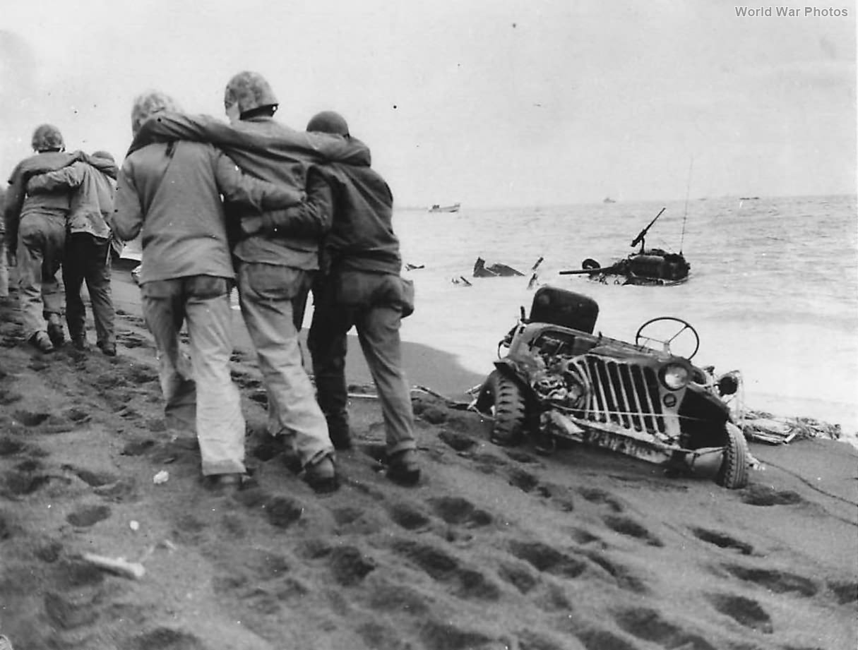 Wounded Marines helped to Aid Station on Iwo Jima