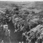 Marines use dozers to land supplies on the beach of Iwo Jima