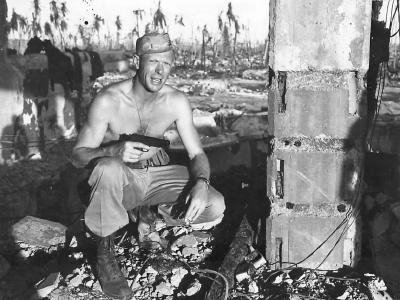 4th Division Marine Lt Willis amid ruins on Namur Island
