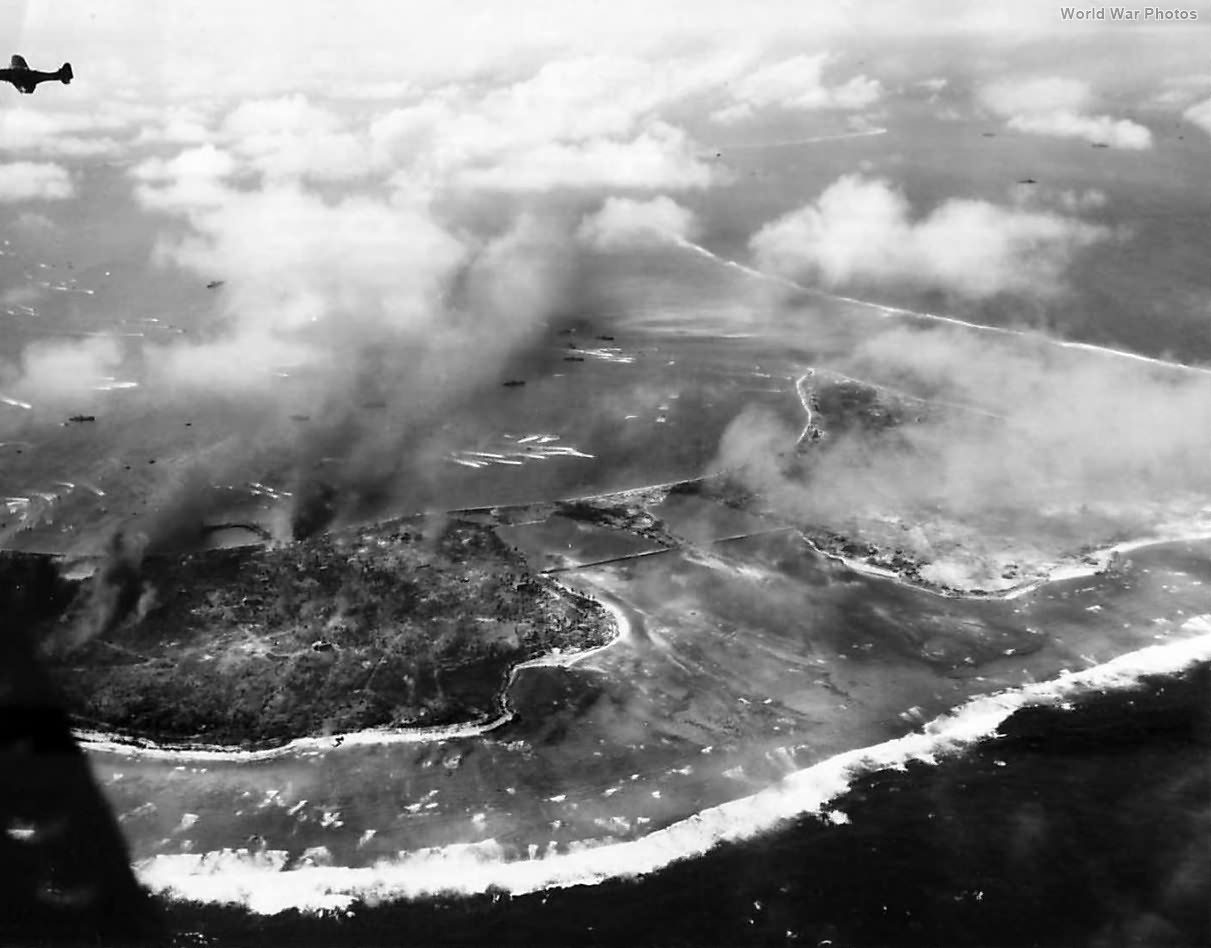 Aerial view of US Invasion of Namur and Roi Islands