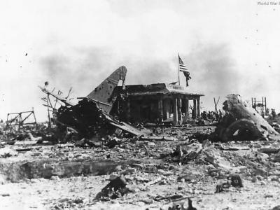 American flag over ruins of Japanese Headquarters on Namur
