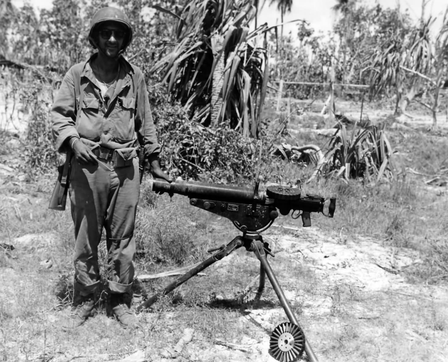 Captured Type 92 Lewis machine gun on tripod, Makin 1943