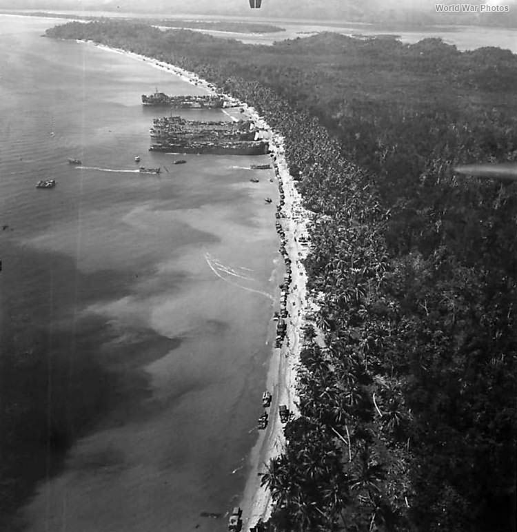 Aerial view of the opening stages of the assault on Hollandia on April 23, 1944