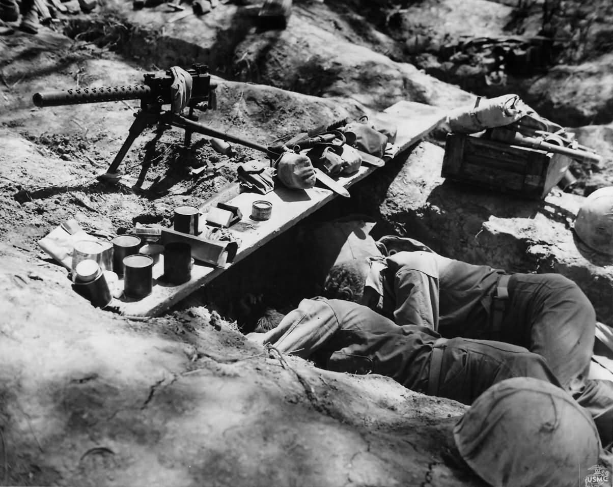 5th Marine Regiment Gunners Sleep in Foxhole on Okinawa