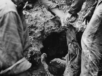 6th Division Marines Pull Wounded Japanese from Cave on Okinawa