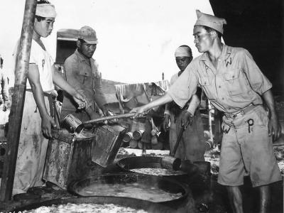 Japanese Prisoners Get Soup Ration at Camp near Kadena Okinawa