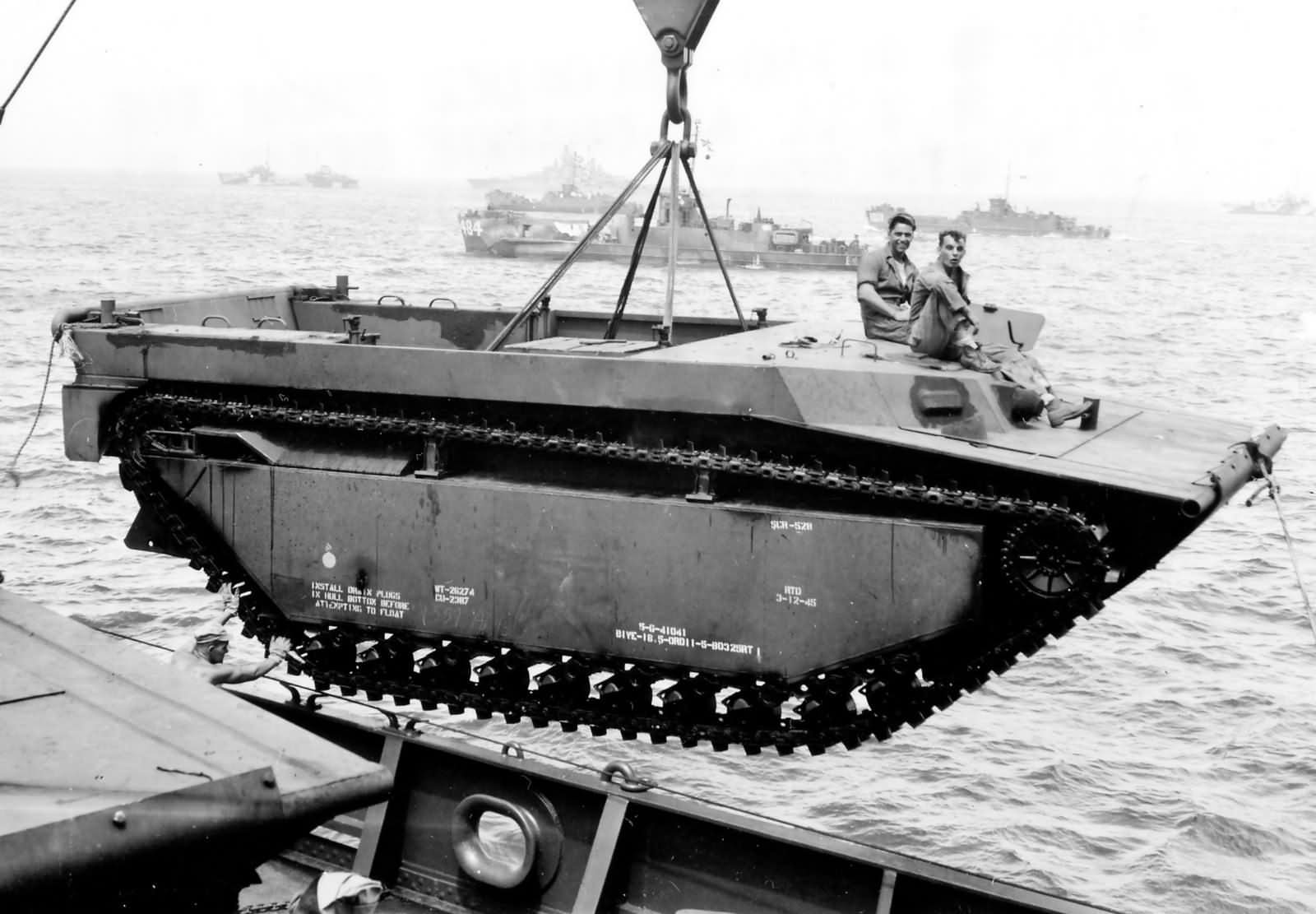 LVT Buffalo Being Lowered into Water off Okinawa’s Orange Beach 1945