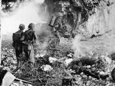 Marines Clear Japanese Cave with Flamethrower on Okinawa