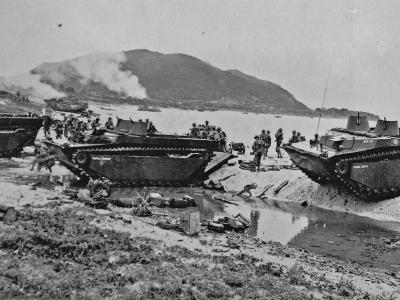 Marines and LVT on the beach of Iheya Jima Off Okinawa 16 July 45