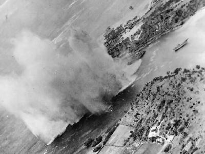 Planes Low Level Attack at Mouth of Bishi River pre invasion bombardment of Okinawa 1945