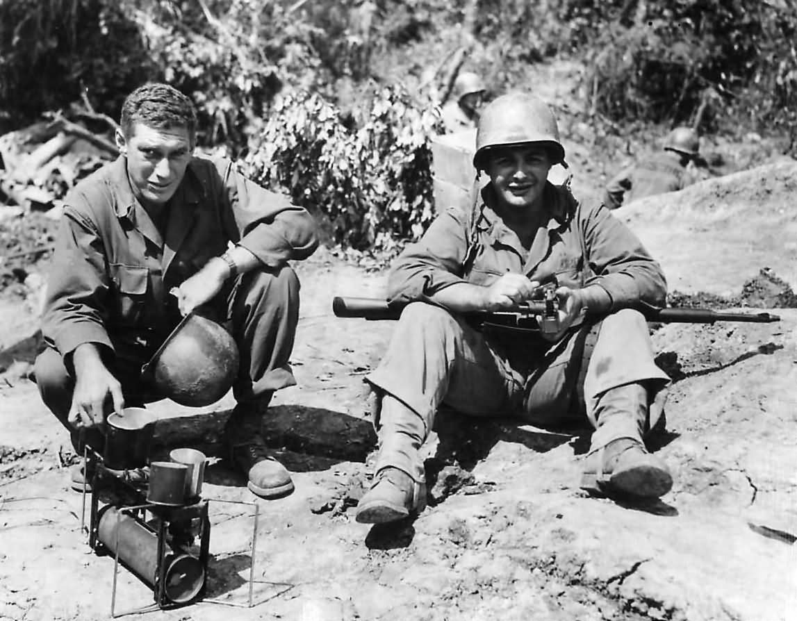 Soldiers Warming Rations on Portable Stove on Okinawa