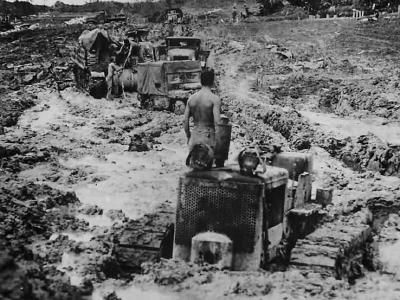 Tractor Jeep and M7 Priest Stuck in Mud on Okinawa 1945