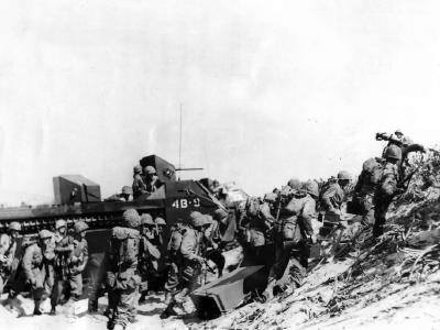 Troops Leaving Landing Craft during Invasion of Okinawa