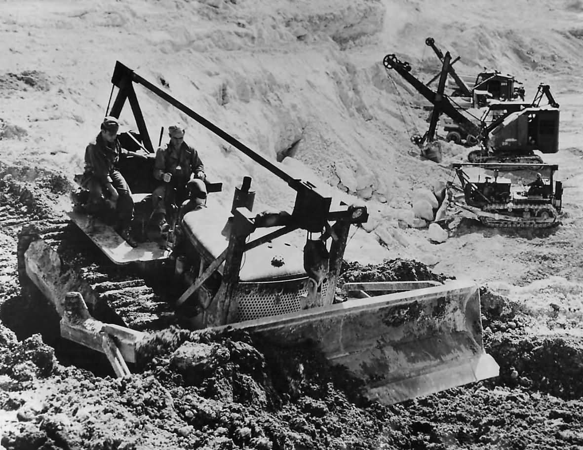 Troops Operate Bulldozer on Okinawa Airfield