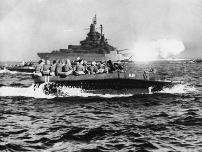 USS West Virginia BB-48 Covers Troops in LVT B111 Heading for Okinawa