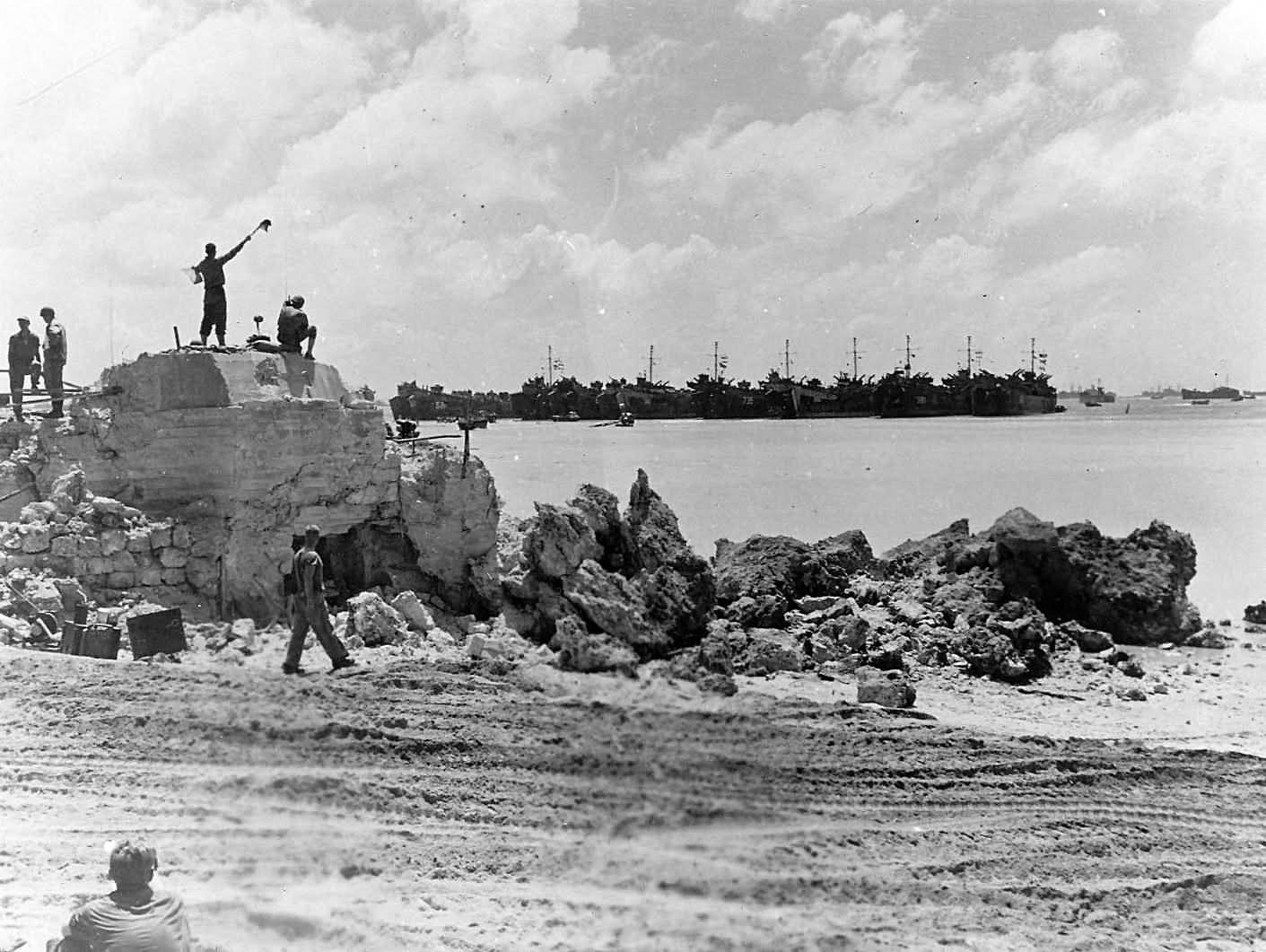 US Navy LSTs Lined up at Reef in Okinawa