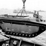 LVT Buffalo Being Lowered into Water off Okinawa’s Orange Beach 1945