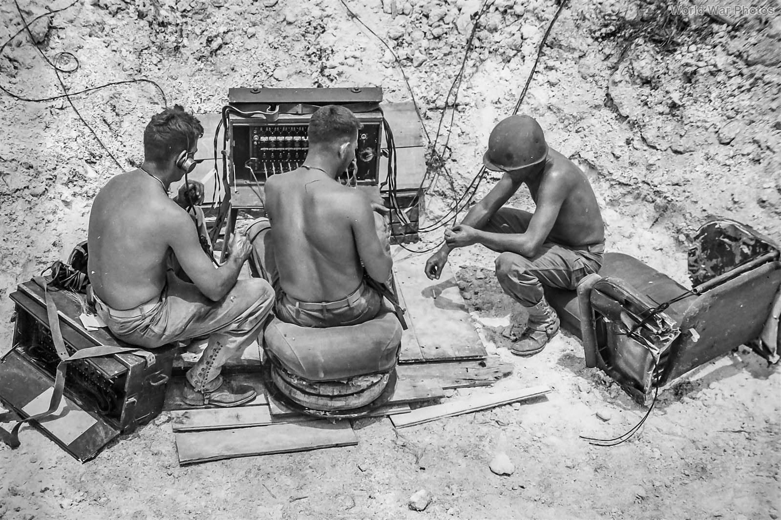 1st Marine Division radio team set up just off the beach at Peleliu