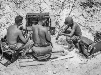 1st Marine Division radio team set up just off the beach at Peleliu