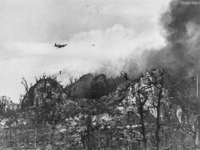 Marine F4U making a napalm run against Japanese defenses 3