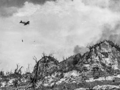 Marine F4U making a napalm run against Japanese defenses 4