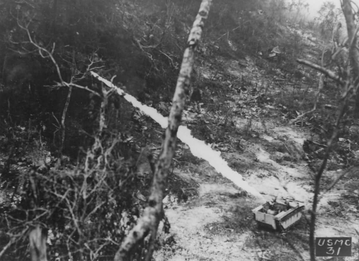 Marine flame thrower LVT Amtrac in action Peleliu