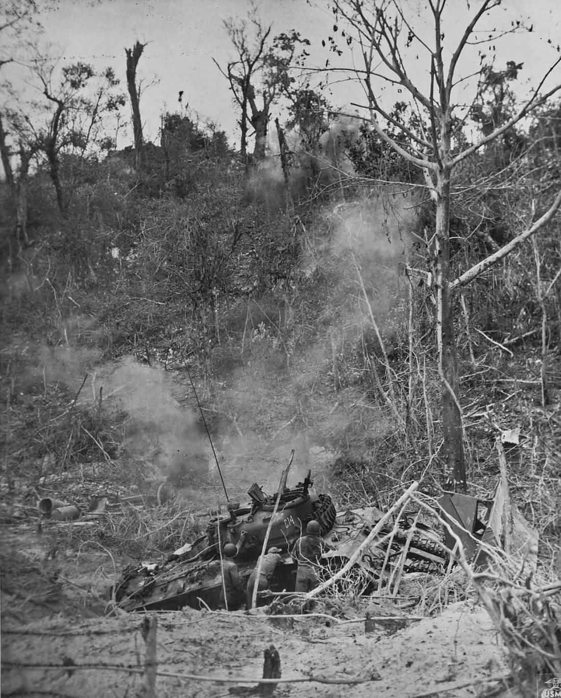 Soldiers and M4 Sherman Dozer C14 Attack Japanese Positions Peleliu