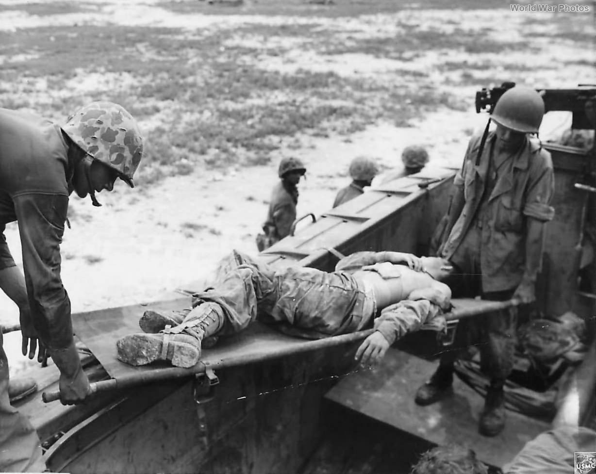 Wounded 1st Division Marine Being Evacuated from Peleliu Beach