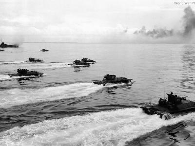 a wave of LVTs churn toward the island 15 September