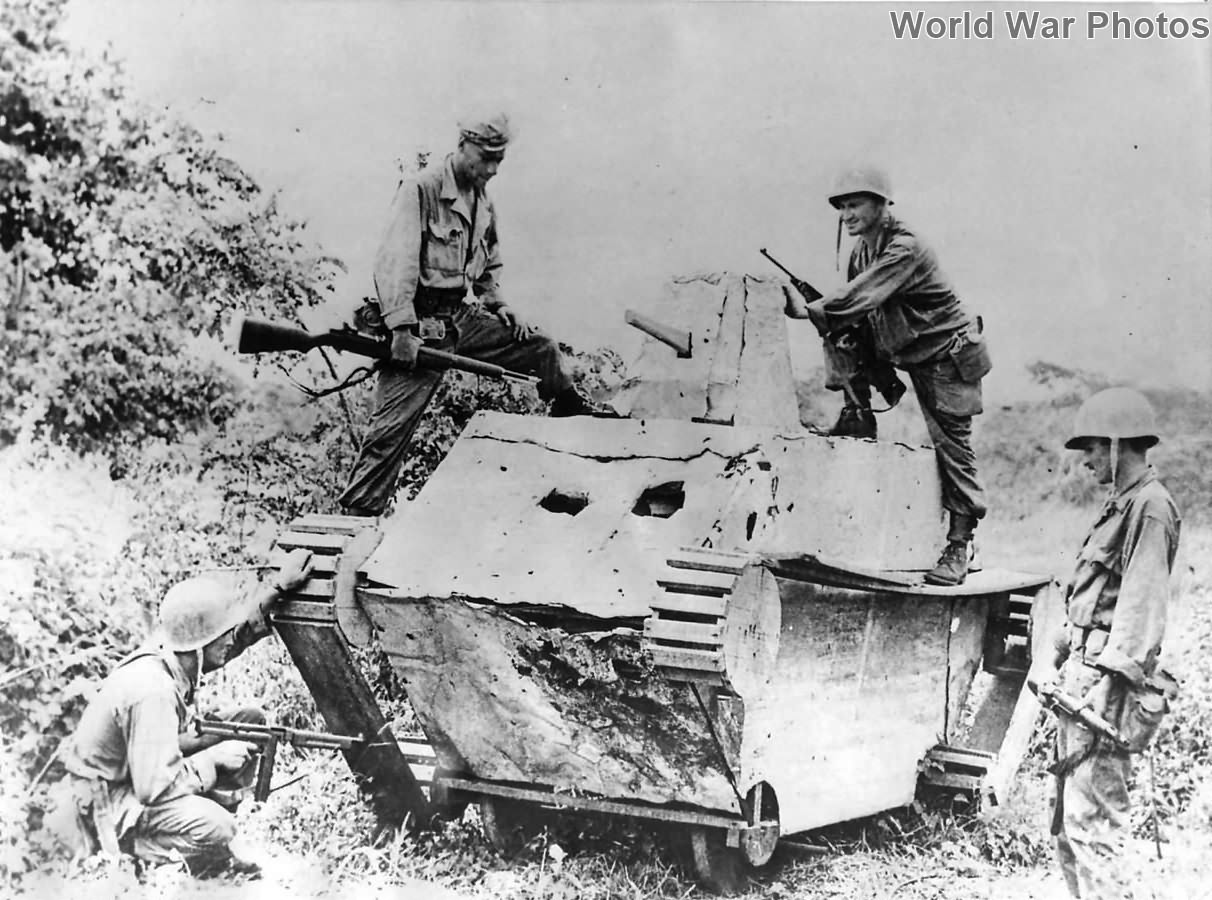 41st Division troops with Japanese dummy tank on Mindanao
