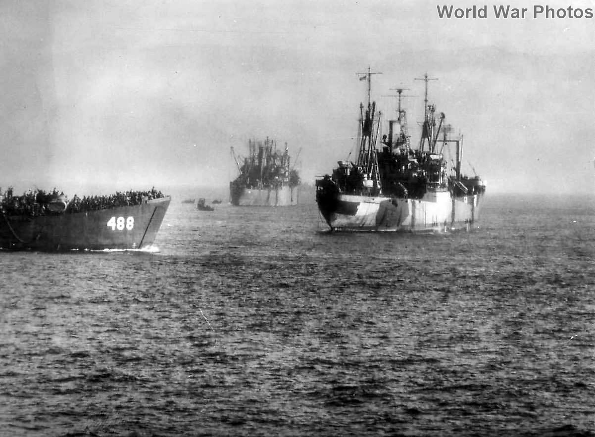 USS LST-488 loaded with assault troops heading for shores of Luzon 1945