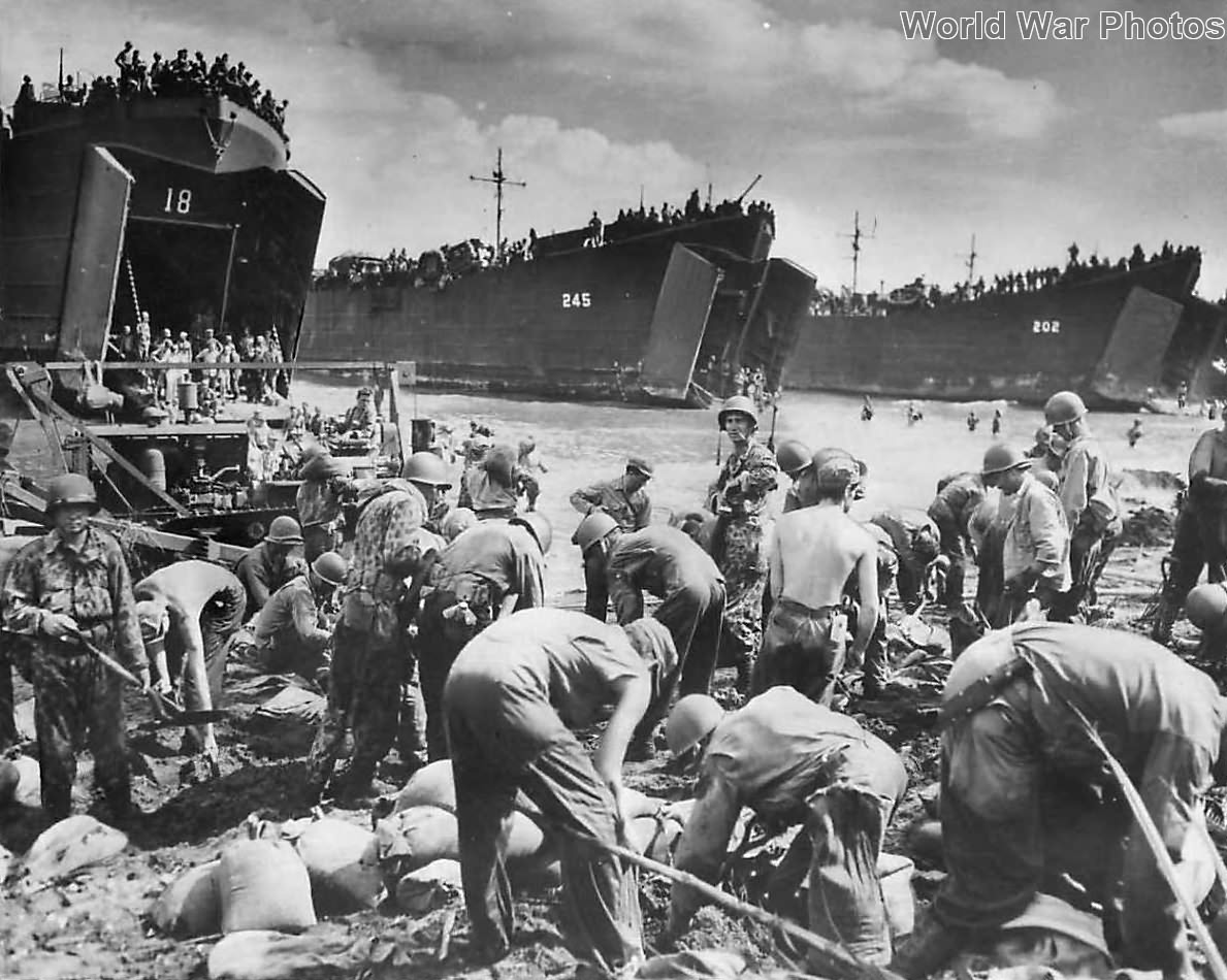 USS LST-18, 245, 202 and 467 landing troops on Leyte 20 October 1944