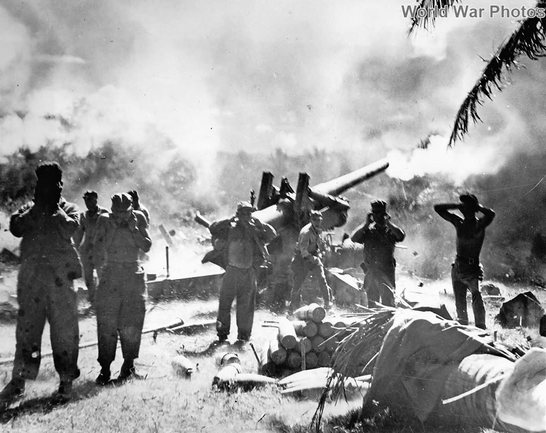 US gunners shell Japanese with 155 mm Carigara