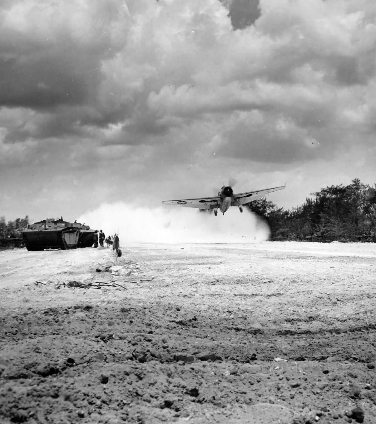1st US Plane (TBF Avenger) takes off Aslito Airfield Saipan