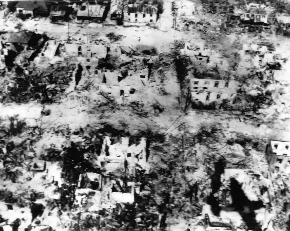 Bombed shelled ruins of Garapan Saipan 1944 aerial photo