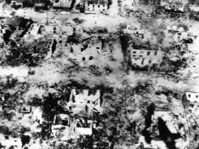 Bombed shelled ruins of Garapan Saipan 1944 aerial photo