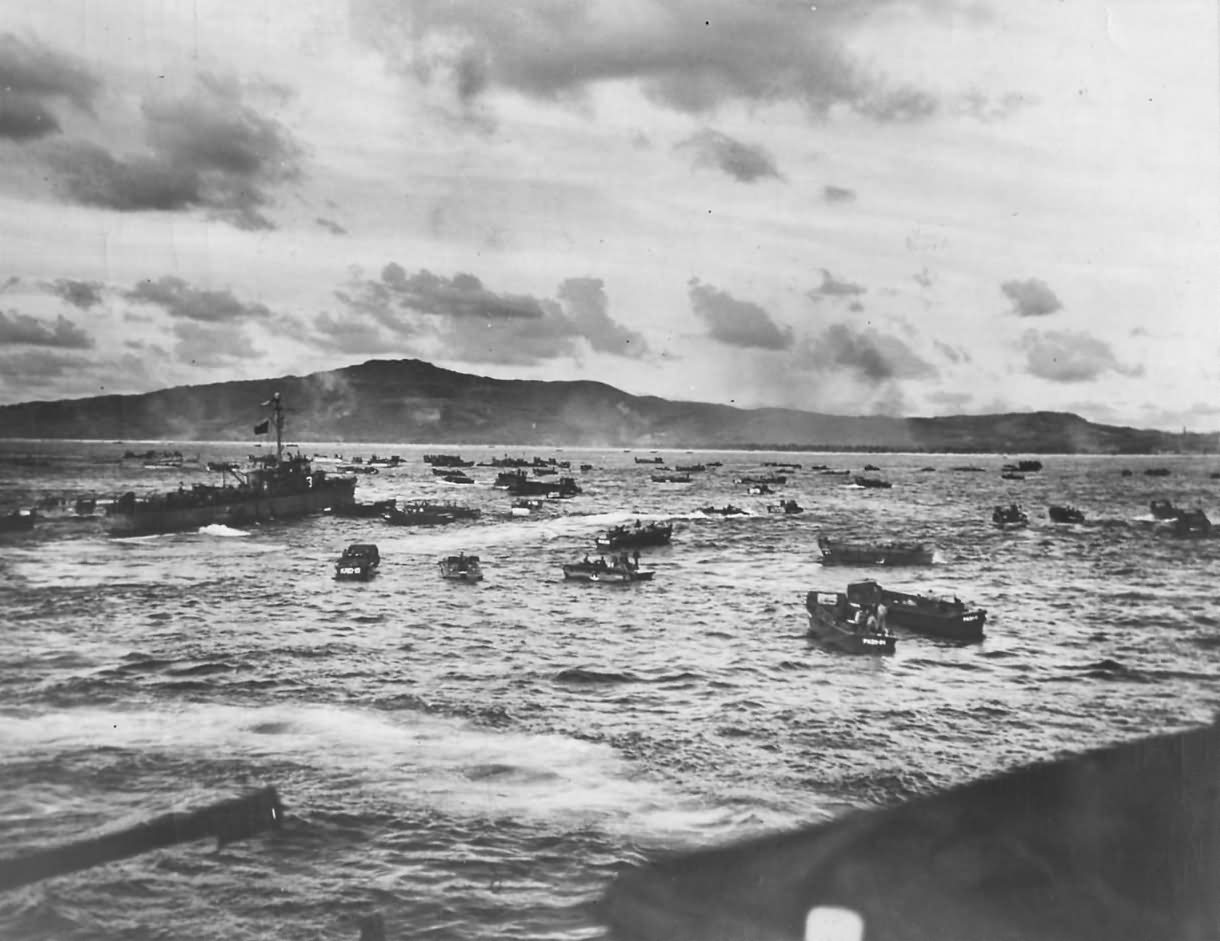 First Assault Wave of Landing Craft Massed for Saipan Invasion 1944
