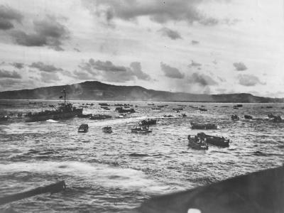 First Assault Wave of Landing Craft Massed for Saipan Invasion 1944