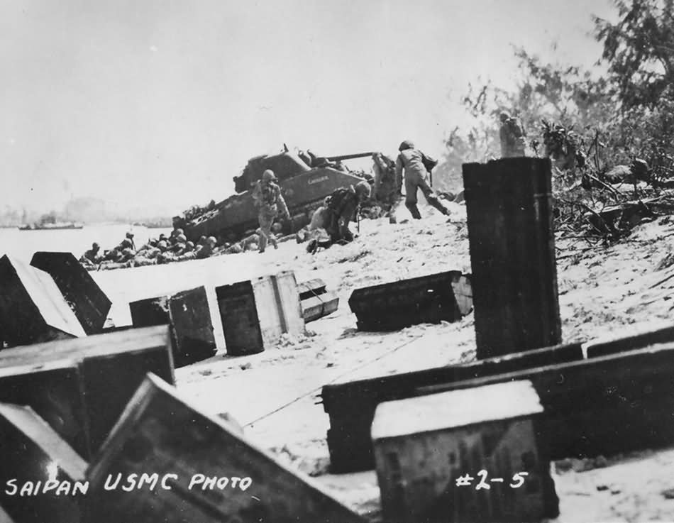 M4 Sherman on beach Battle of Saipan June 1944