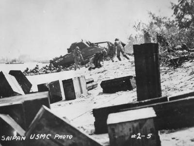 M4 Sherman on beach Battle of Saipan June 1944