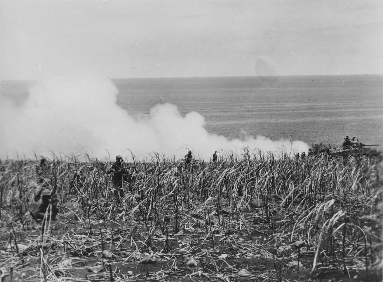 MARINES Follow Advancing SHERMAN M4 TANK on SAIPAN 1944