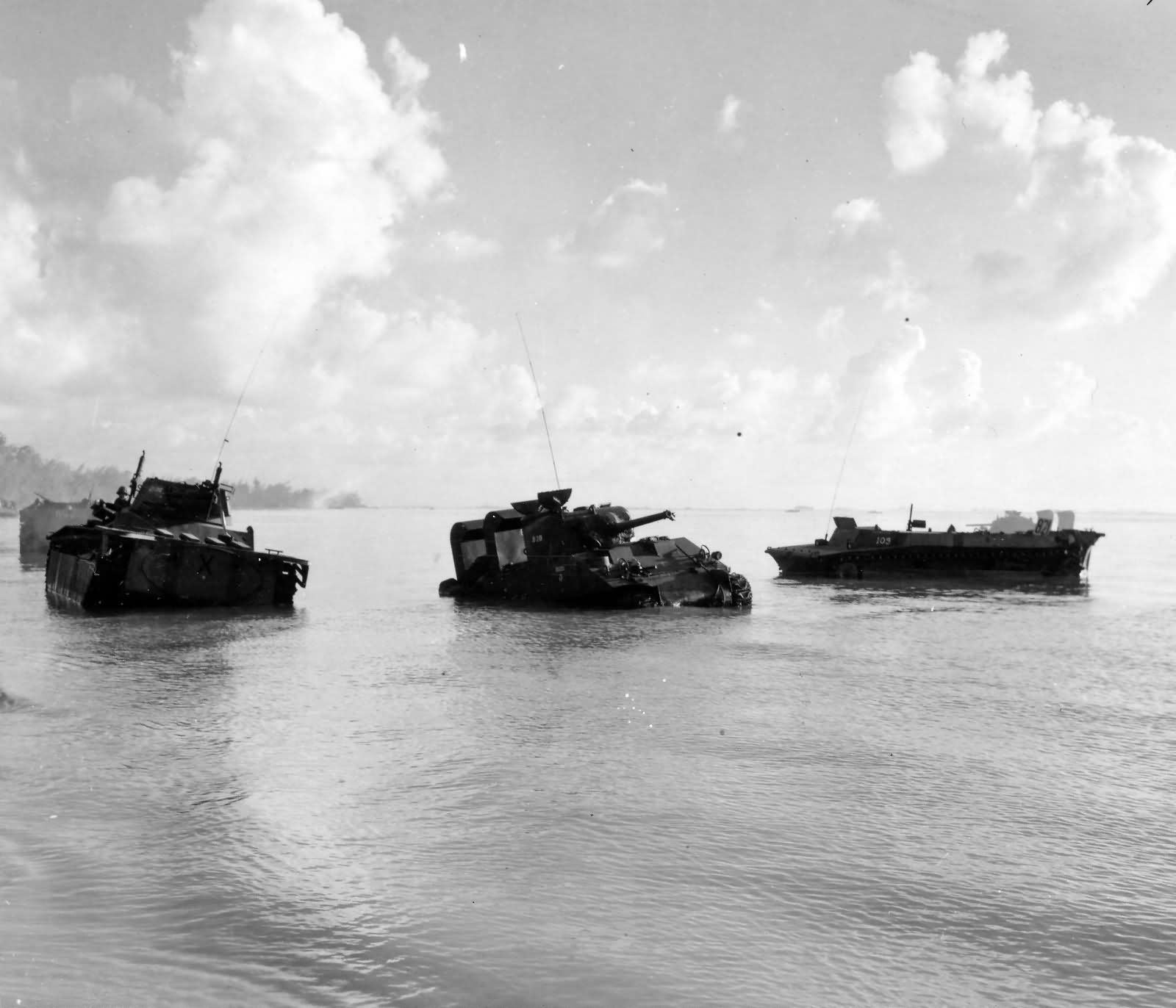 Marine M4 Tank and LVT Amtracs Knocked Out in Surf at Saipan 1944