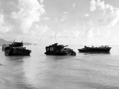 Marine M4 Tank and LVT Amtracs Knocked Out in Surf at Saipan 1944