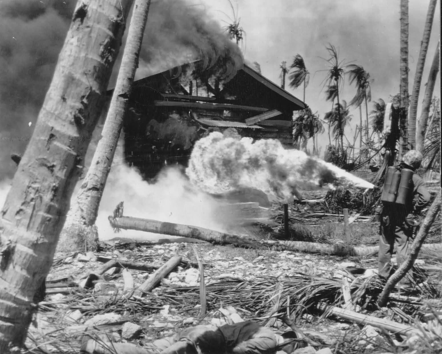 Marine flame thrower in action on Saipan